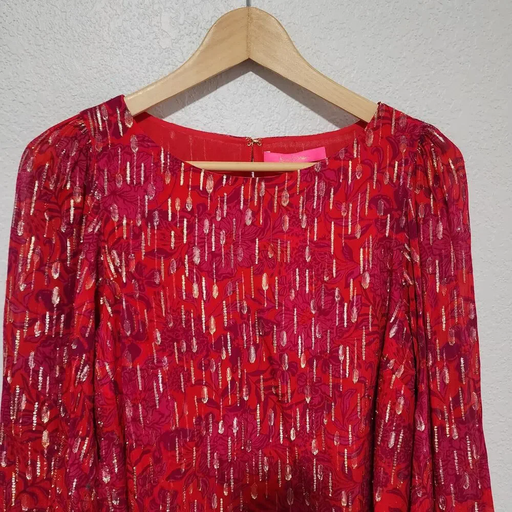 Lilly Pulitzer Metallic Shimmer Floral Puff Sleeve Blouse Top Pink Red Small NWT